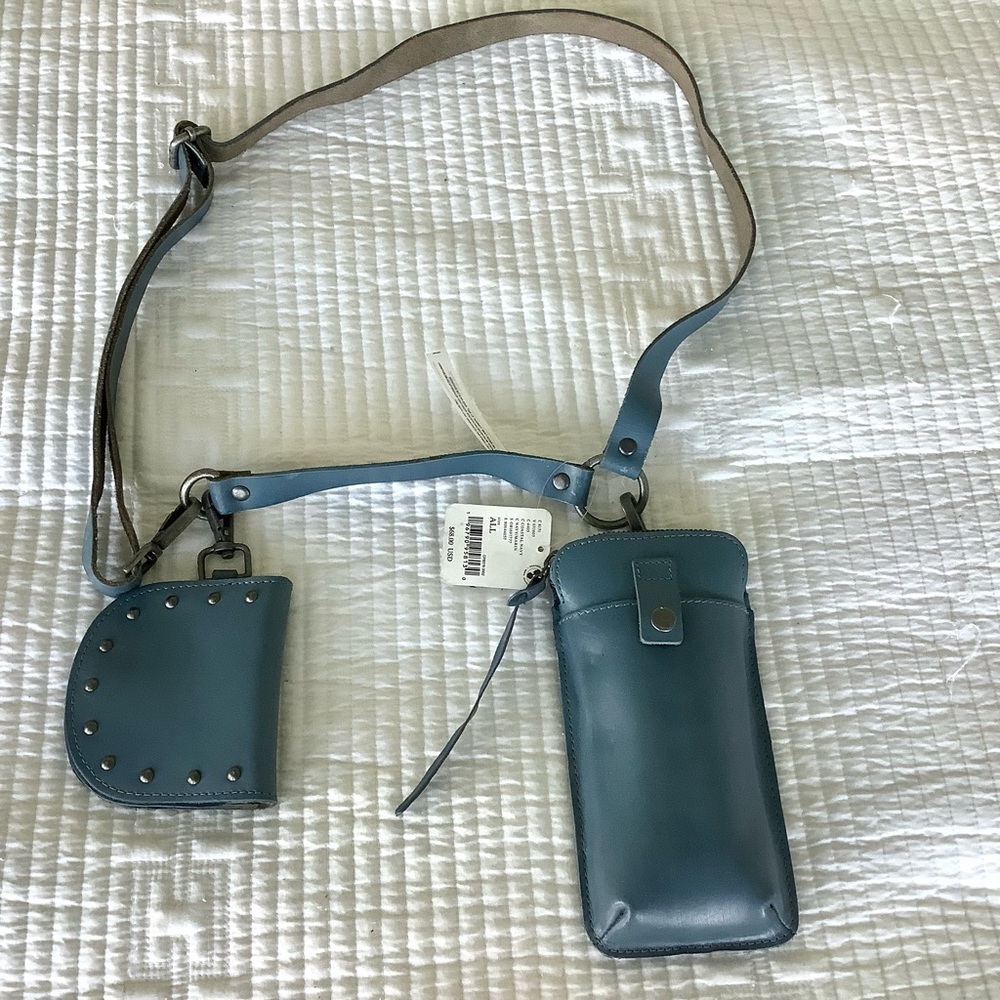 Free People Change Me Up Cross Body Phone Case Bag with Coin Case Blue Leather